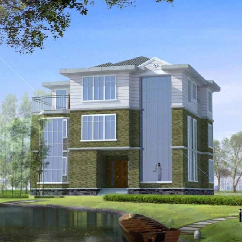 6进深10.2米103平三层别墅设计图纸复式客厅挑空玻璃幕墙