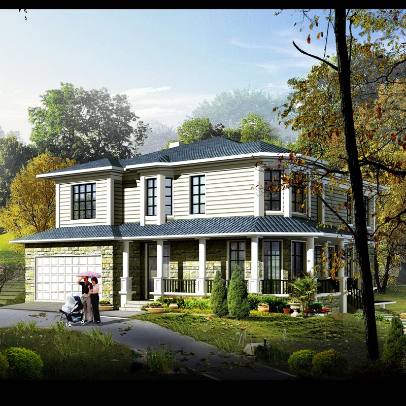 2米190平方两层坡地别墅设计图纸带地下室车库壁炉