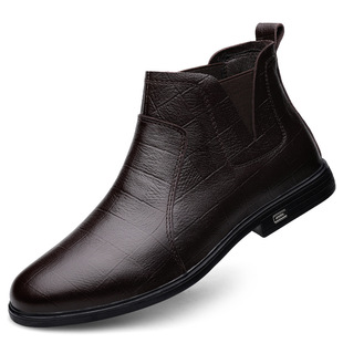 男圆头头层牛皮休闲男式 皮靴套筒透气马丁靴平跟皮靴男鞋