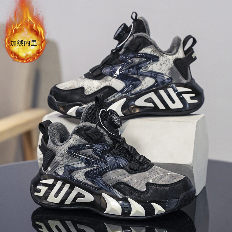 儿童运动鞋秋冬新款男童篮球鞋软底加绒中大童女孩旋纽扣潮流