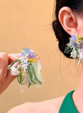 「春日来信」超仙法式花朵串珠流苏耳环高级感小众设计气质耳钉女