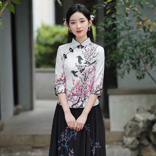 蕴诗坊唐装优雅盘扣日常中式精致印花小碎花夏季改良旗袍上衣套装