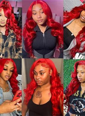 13*4 frontal lace red straight wig前蕾丝亮红色真人假发一件代