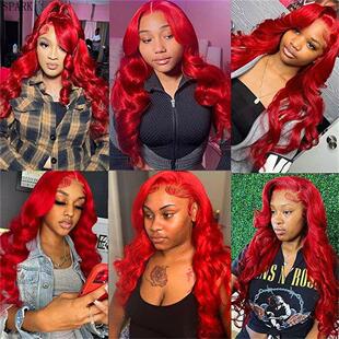 13*4 frontal lace red straight wig前蕾丝亮红色真人假发一件代