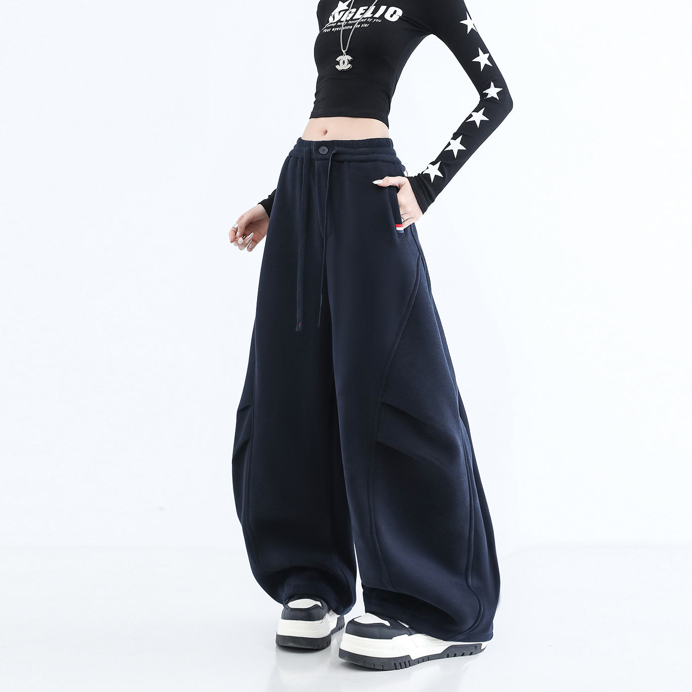 加绒卫裤、休闲阔腿裤、高腰