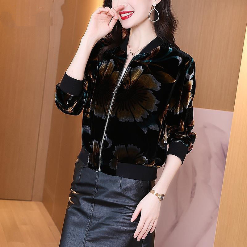 金丝绒妈妈装女士短外套秋季新款时尚休闲长袖夹克上衣开衫棒球服
