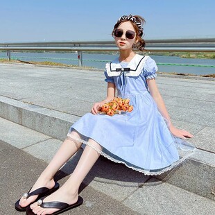 女童连衣裙2025夏季新款蝴蝶结海军领裙子中大儿童装网红公主裙