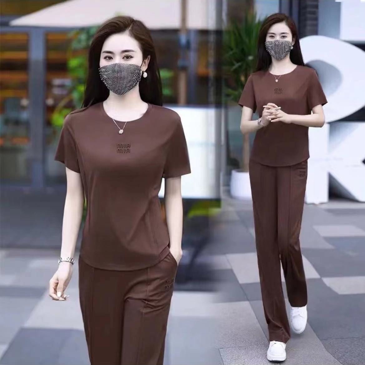 时尚休闲运动服套装女2024年春夏季冰丝新款九分长裤女裤子两件套