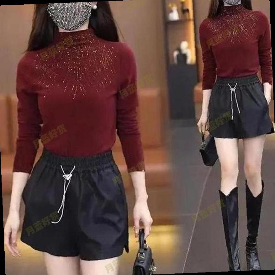 半高领长袖打底衫女秋冬2025新款枣红色上衣高级感烫钻修身打底衣