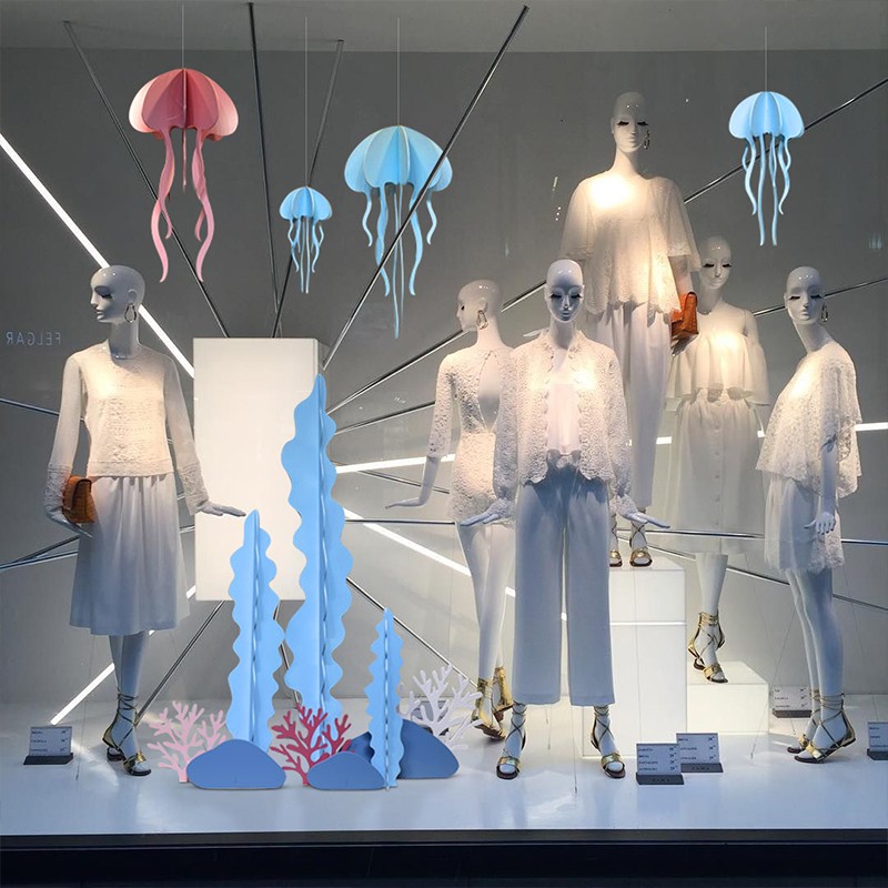 夏季海洋主题氛围美陈服装店铺橱窗展厅布置创意水母海豚吊饰道具