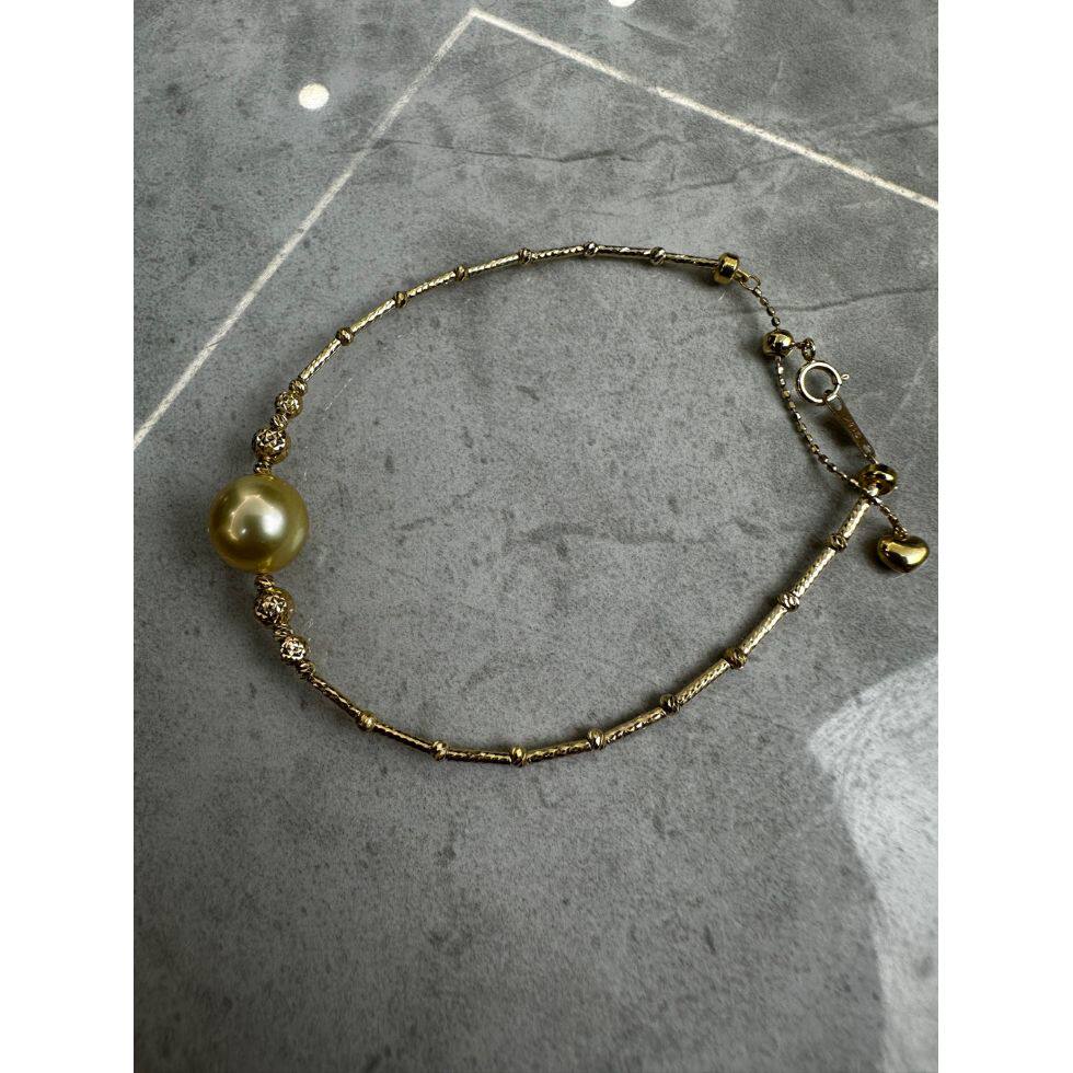 天然海水南洋金珠珍珠手链通体18k金菠萝链正圆无瑕极光真珠手镯图片