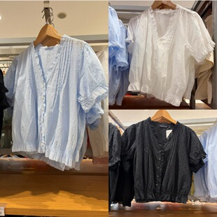 U家夏款甜美女装棉质提花V领衬衫短袖边短款小上衣483881