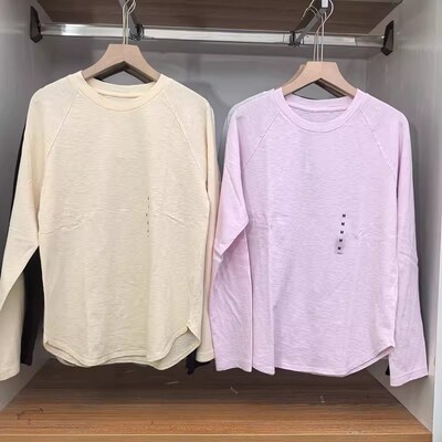 日系女装新款简约百搭竹节纱插肩袖T恤圆领长袖t恤打底衫483470