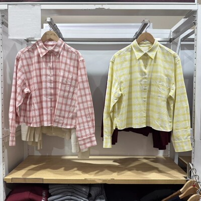 春季新款女装洋气衬衣牛津纺箱型格子短款长袖衬衫上衣484929