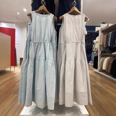 夏款现货女装棉麻条纹层叠连衣裙无袖裙子长裙482788 484787