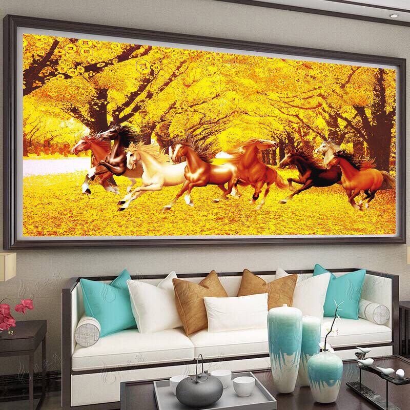 黄金满地十字绣马到成功八骏图2022新款线绣客厅大幅风景蒙娜丽莎