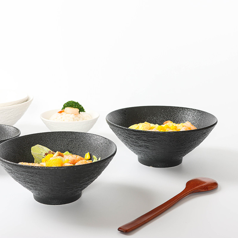 日式侘寂风餐具商用黑色陶瓷粗陶面碗刨冰斗笠喇叭碗老式牛丼饭碗图片