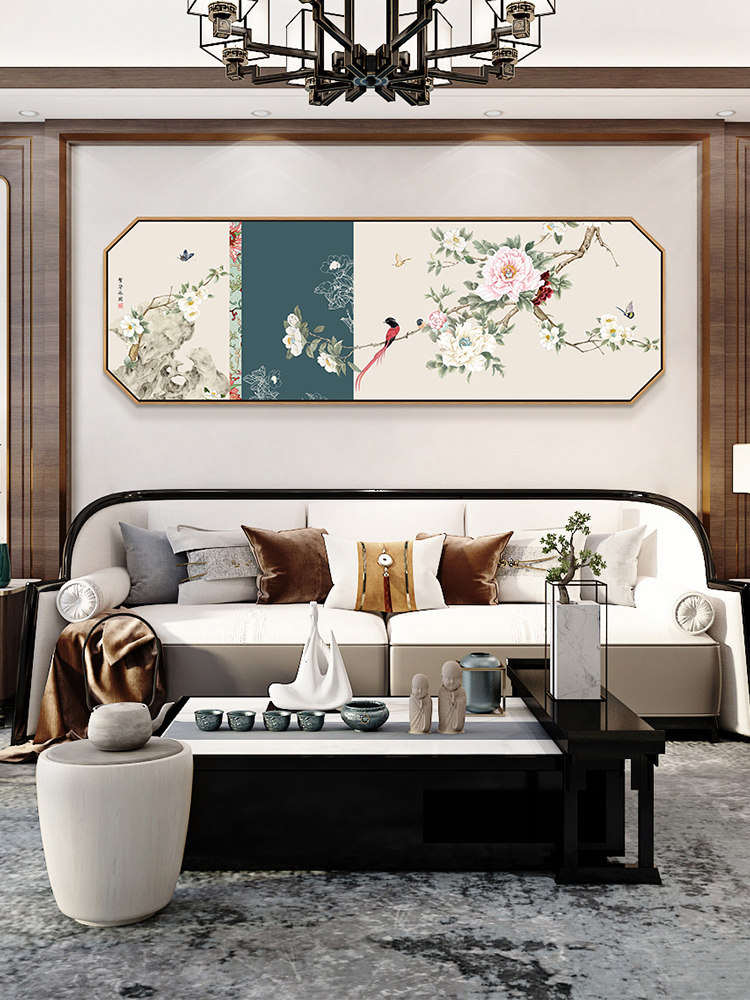 新中式牡丹客厅装饰画卧室床头墙画花鸟挂画沙发背景墙茶室壁画横