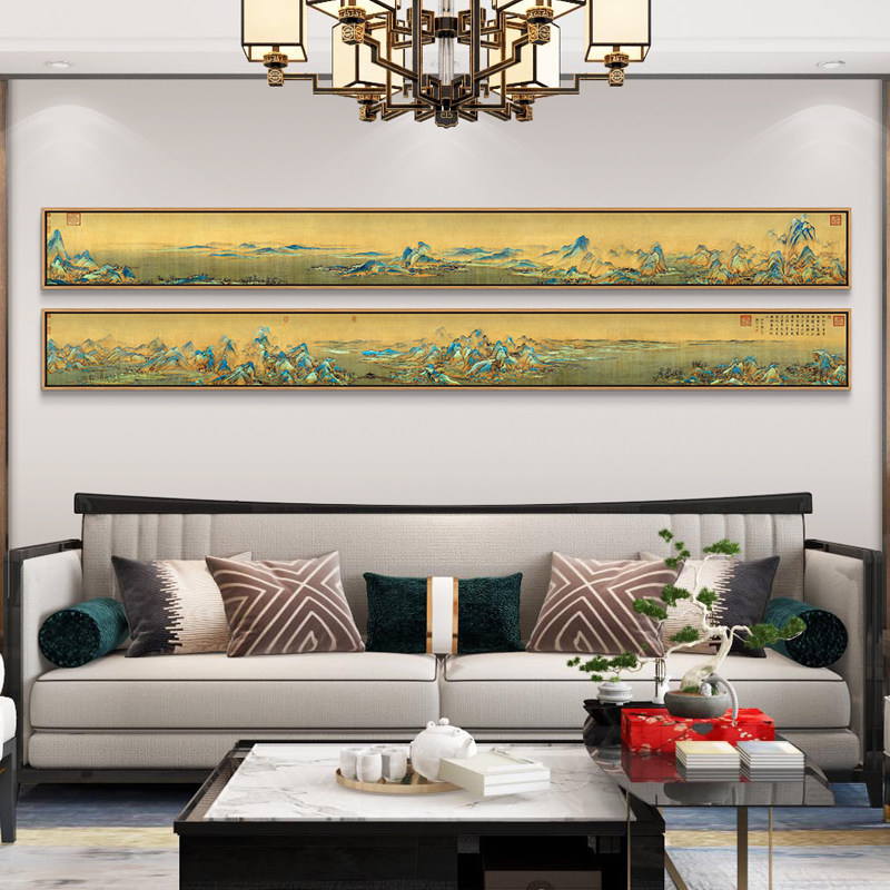 千里江山画装饰画新中国风客厅挂画办公室中国画茶室沙发背景墙山