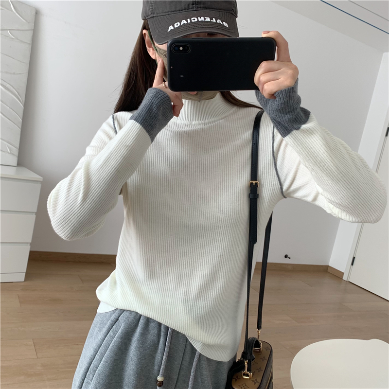 半高领撞色针织衫弹力打底衫