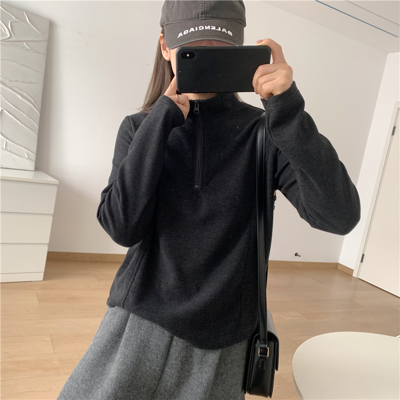德绒半高领长袖打底衫半拉链上衣