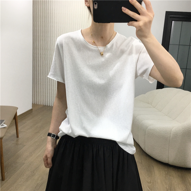 细米定制~简约休闲基础款短袖T恤女夏季薄款透气毛边设计显瘦上衣