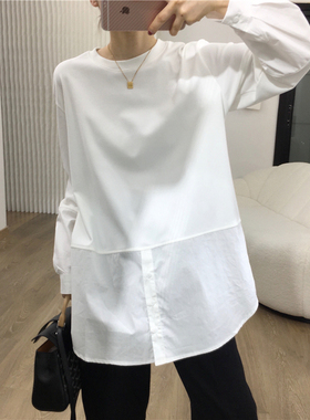 设计感简约棉质T恤拼接衬衫春秋韩版圆领宽松白色长袖打底衫上衣