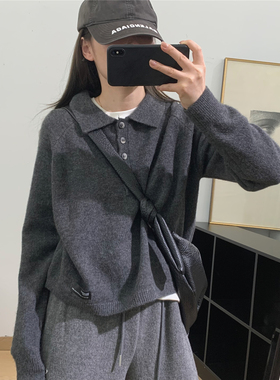 细米定制 韩系POLO领针织衫女秋季宽松百搭厚实套头毛衣上衣外套