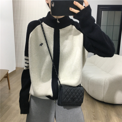 拉链立领撞色针织开衫