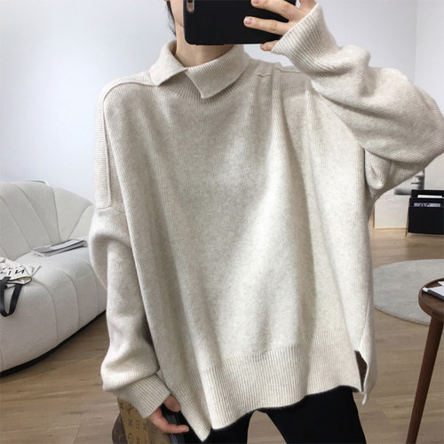 慵懒翻领开叉毛衣针织衫