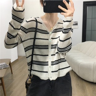 长袖 特价 女空调防晒衫 天丝亚麻镂空条纹针织开衫 V领上衣春 福利