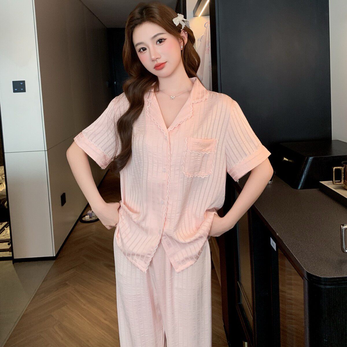 睡衣女夏季冰丝绸条纹短袖长裤套装松弛感休闲宽松简约时尚家居服