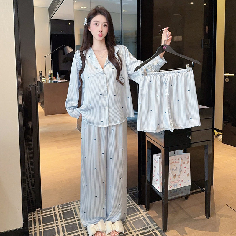三件套睡衣女夏冰丝绸短袖长裤薄款可外穿时尚简约开衫短裤家居服