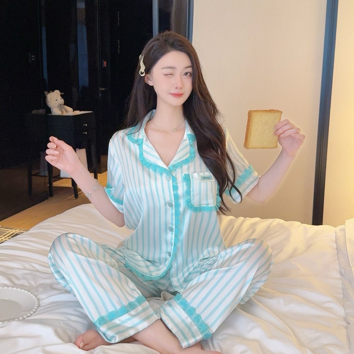条纹睡衣女夏薄款冰丝绸蕾丝花边短袖长裤甜美韩版家居服套装外穿