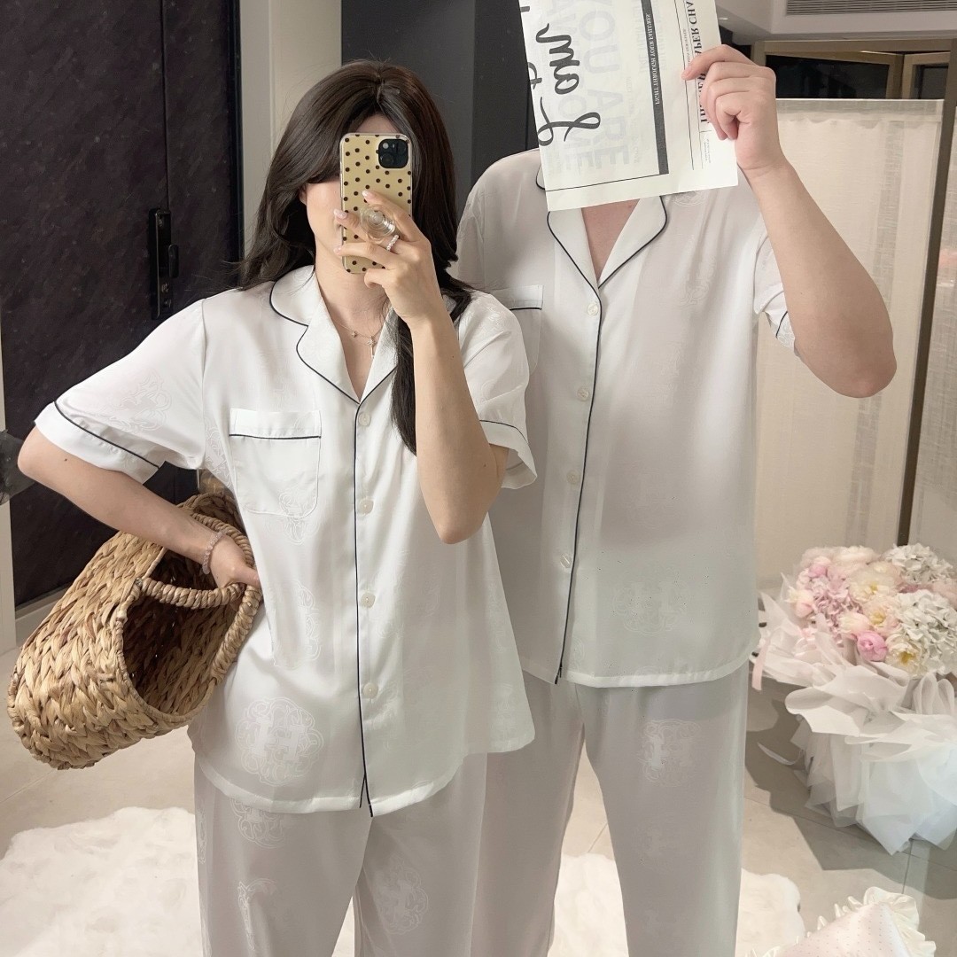 情侣睡衣夏冰丝绸短袖长裤高级感提花轻奢男女家居服宽松外穿套装
