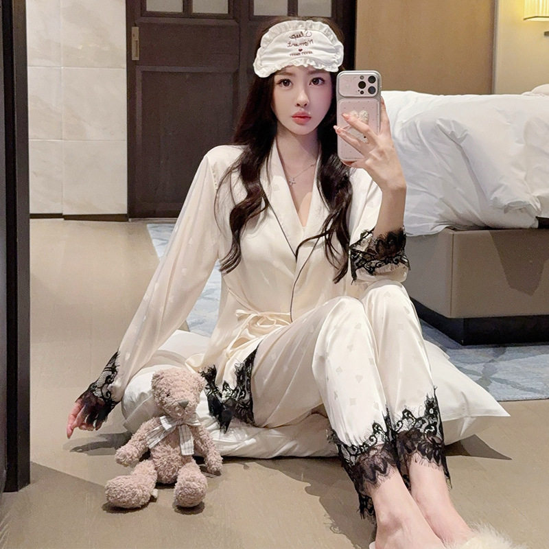 睡衣女春冰丝绸青稞领蕾丝边系带薄款长袖长裤套装薄款印花家居服