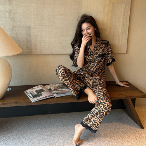 性感豹纹轻奢睡衣女夏法式短袖长裤蕾丝翻领开衫可外穿家居服套装