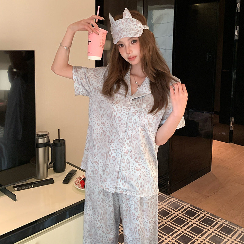 雾霾蓝豹纹睡衣女夏冰丝绸短袖长裤套装时尚薄款可外穿时尚家居服