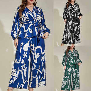 plus size two set piece shirt Autumn 4XL women suit pants