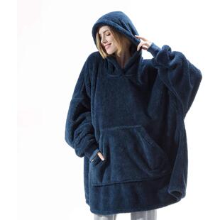 舒适宽松双面绒加厚口袋毛毯情侣款 女hoodie 家居服卫衣绒衫