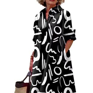 单排扣不规则印花宽松休闲 加肥时尚 长袖 洋装 4XL 欧洲大尺码 女装