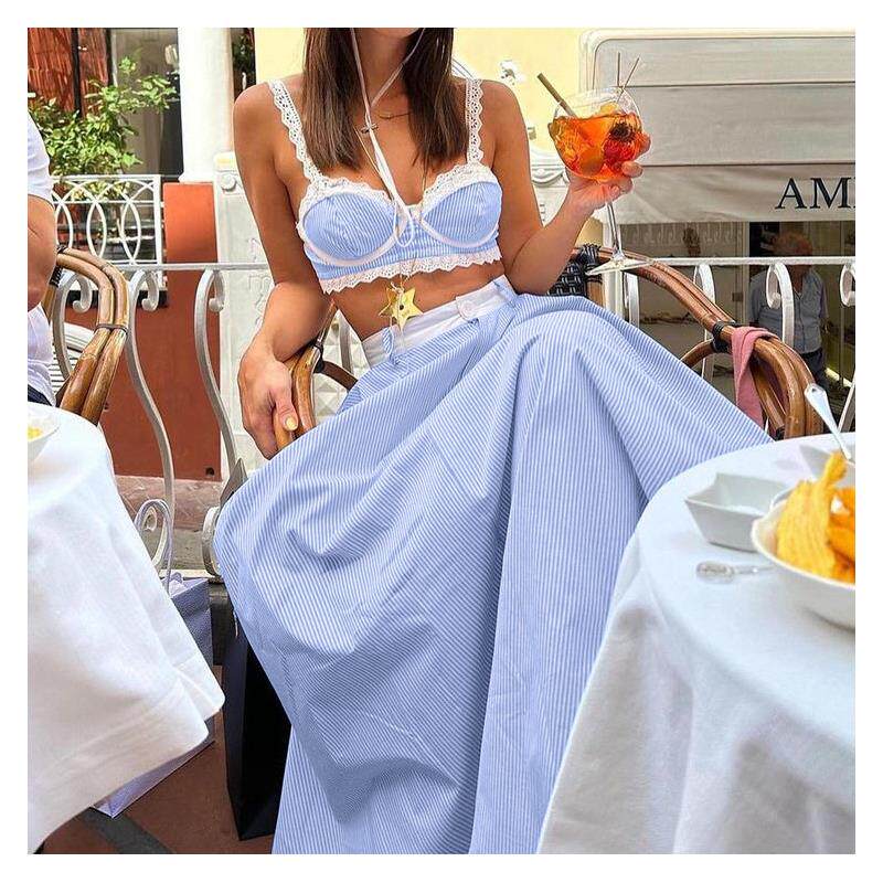 Lace sling skirt set 法式性感蕾丝花边条纹背心高腰长裙套装女