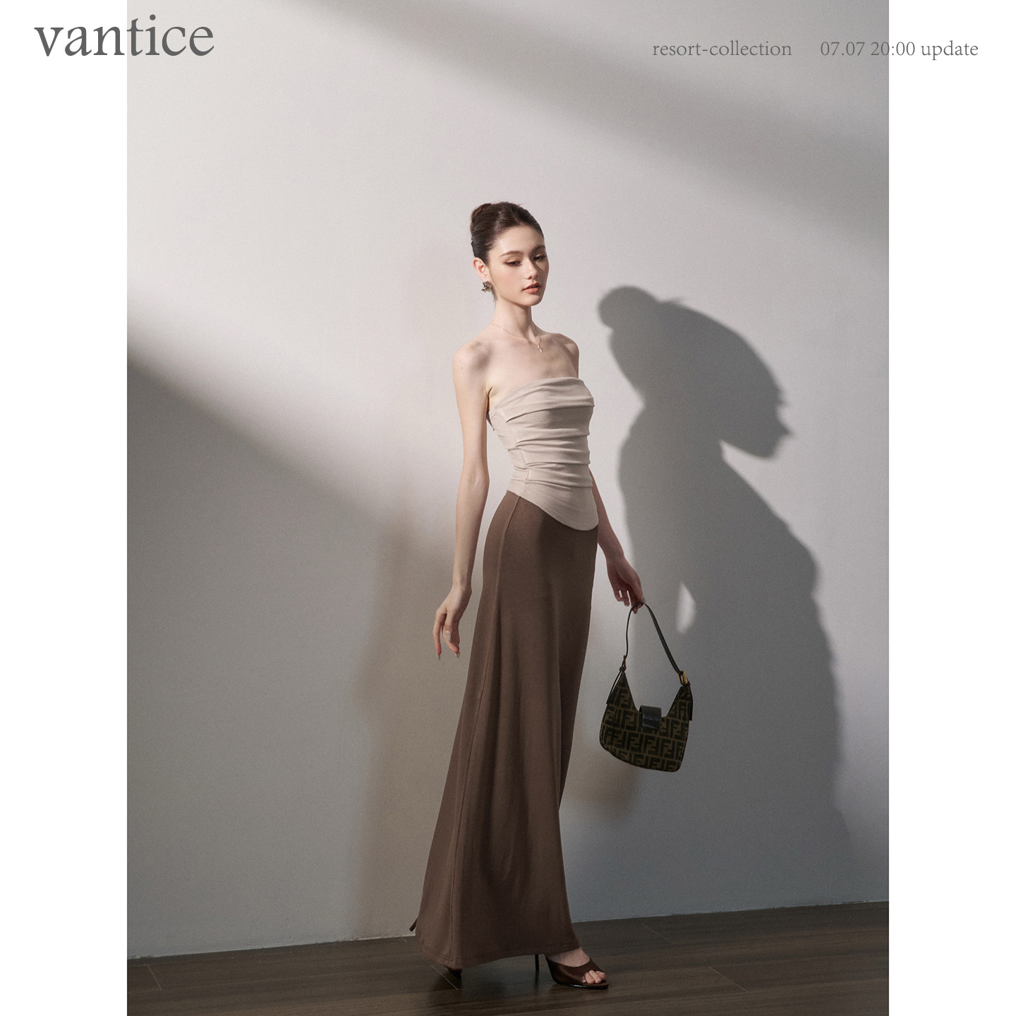 vantice 法式复古老钱风优雅撞色抹胸连衣裙弹力修身显瘦针织长裙