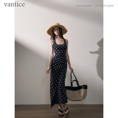 vantice 法式气质修身显瘦波点弹力针织吊带长裙度假无袖露背心裙