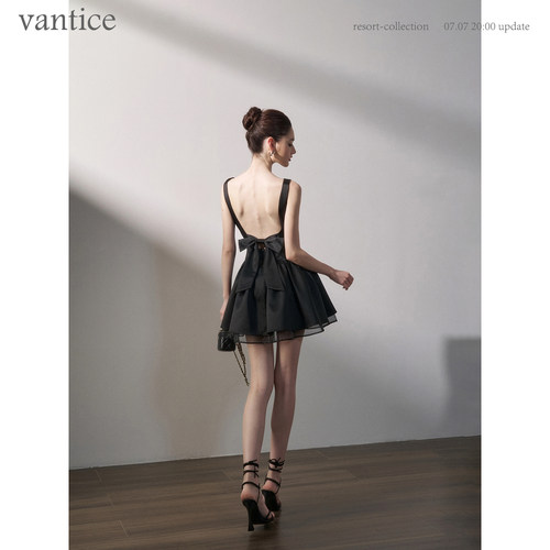 vantice 法式千金气质轻奢船领赫本公主裙收腰蝴蝶结蓬蓬连衣裙子