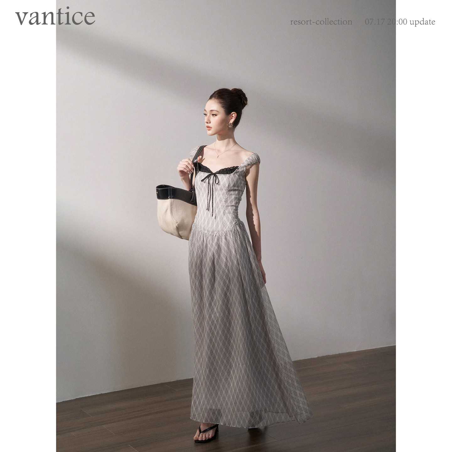 vantice 法式复古气质无袖格纹收腰连衣裙子温柔通勤夏季茶歇长裙