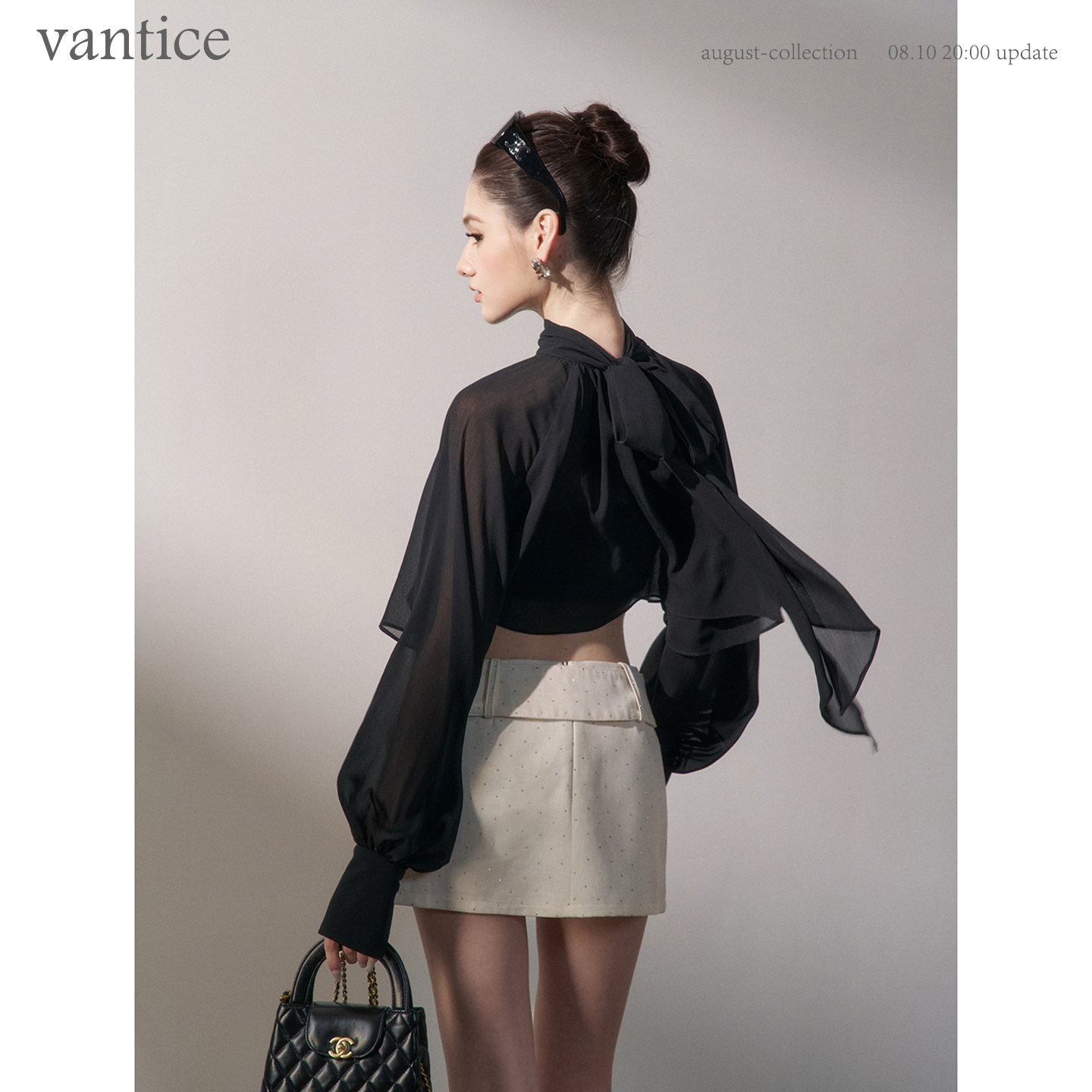 vantice 法式气质黑色微透雪纺衫飘带长袖衬衫宽松显瘦灯笼袖上衣图片