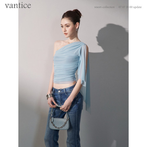 vantice 气质显白度假冰川蓝露肩不规则网纱无袖短款收腰斜肩上衣