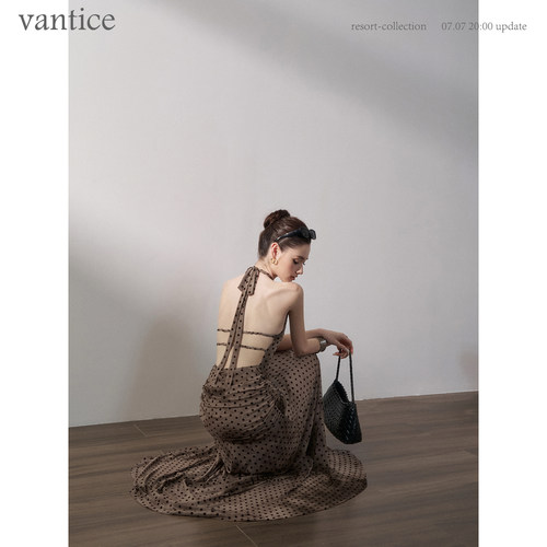 vantice 高级感绝美海边度假波点吊带裙性感露背长裙名媛礼服裙子