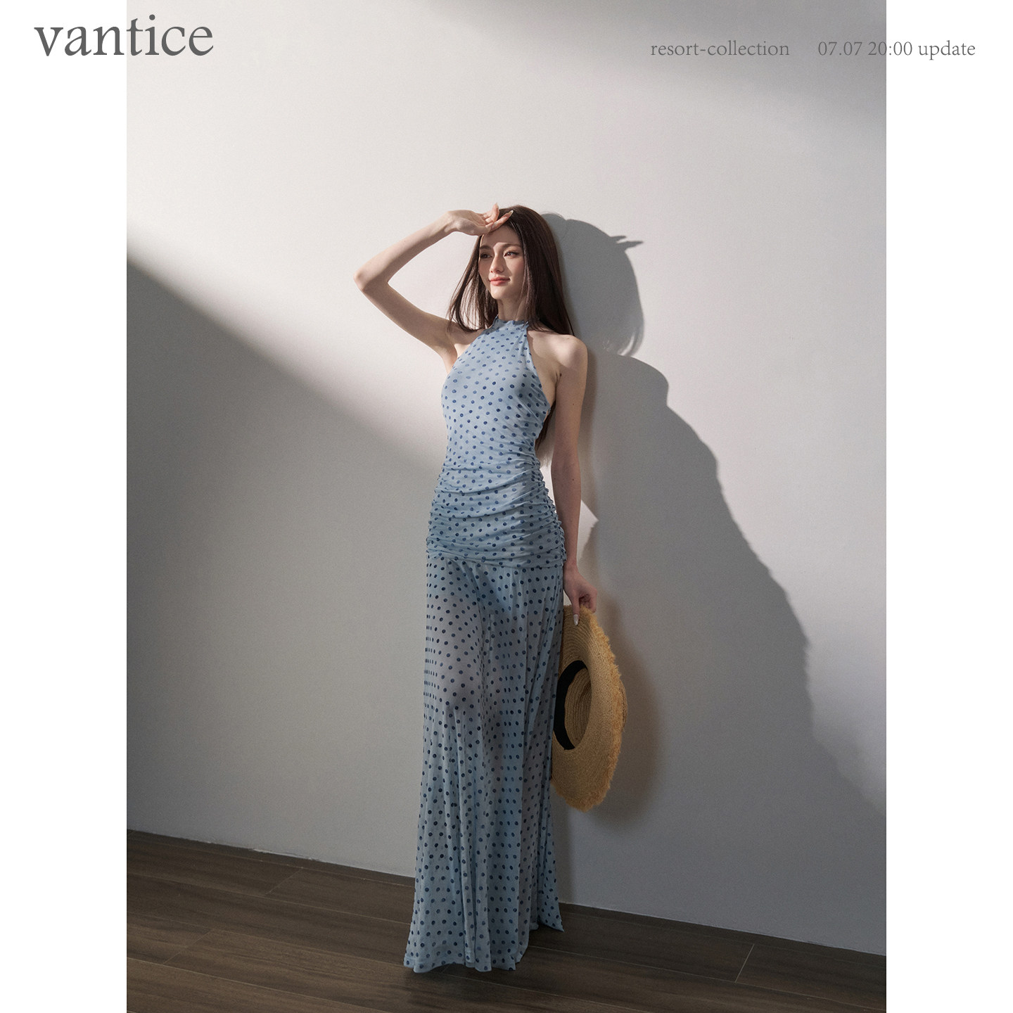 vantice 浪漫气质弹力波点网纱修身挂脖长裙度假露背裙拖地连衣裙